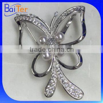 Yellow Gold Plated Crystal Butterfly Wing Brooch/Fresh Water Pearl Copper Butterfly Brooch photo-3