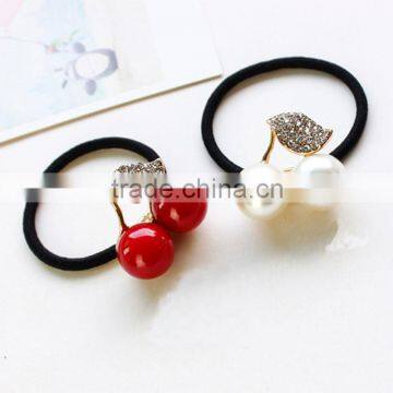 Elegant Red White Simulated Pearl Rhineston Leaf Cherry Rubber Band Elastic Hair Bands Girls Hair Accessories for Women Headwear photo-6