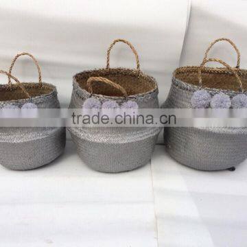 Best selling Eco-friendly Grey seagrass belly basket with pompoms