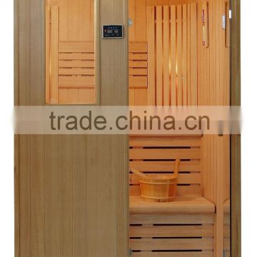 2 person traditional steam sauna room with sauna stove