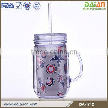 Plastic mason jars acrylic tumbler manufacturers with handle and straw