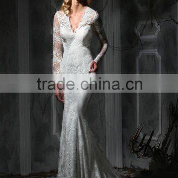 (MY10349) MARRY YOU Elgant V-neck Backless Mermaid Long Sleeve Wedding Dress Lace