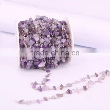 Rosary Chain Amethyst Quartz Chip Beads Silver Plated Jewelry Wire Wrapped Beaded Chain