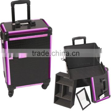 Black Makeup pro Rolling Trolley Case- Purple Trim, large storage & tray