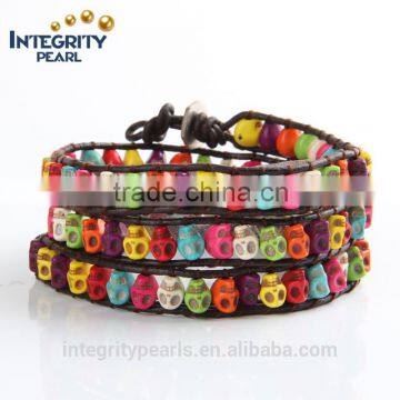 colorful punk style newest design leather bracelet with skulls, leather bracelet multilayer