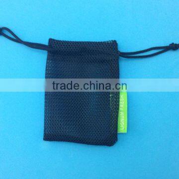 Black color polyester mesh drawstring bag with label