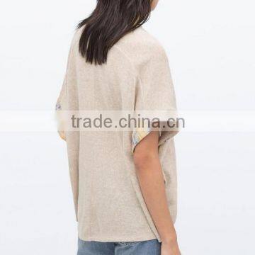 Custom Fashion Knit Casual Women Tshirt With Trimming Fabric Pathwork