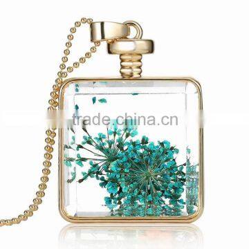 High quality Dried flowers jewelry gold chian real flower crystal bottle pendant necklace