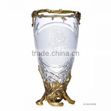 Bronze Casting Leaves Design Crystal Flower Vase, Home Decorative Square Crystal Vase With Gilt Bronz Base photo-6