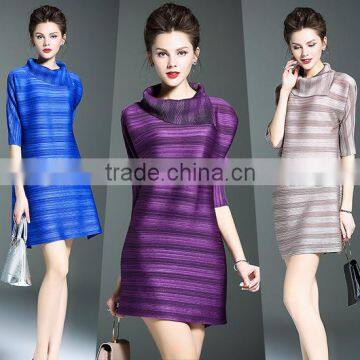 Women striated Polo neck casual pleated dresses
