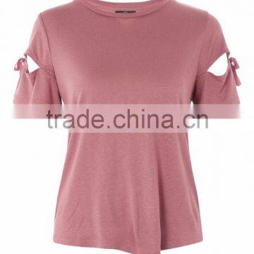 MGOO Hot Selling Casual Plain Round Neck T-shirt Women Cotton Hollow Sleeve T Shirts With Bowknot photo-2