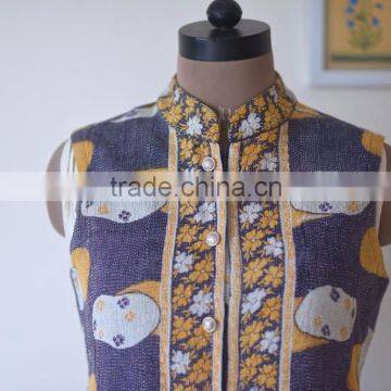 Vintage Kantha Vest in Yellow & Purple Floral Print ~ Small photo-4
