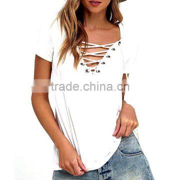 Women Short Sleeve Top Fashion Black Lace Up V Neck Print Striped Sleeve T-shirt photo-2