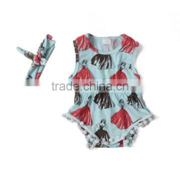 dancing girl printed fashion summer customized organic cotton lace ruffle baby romper suit