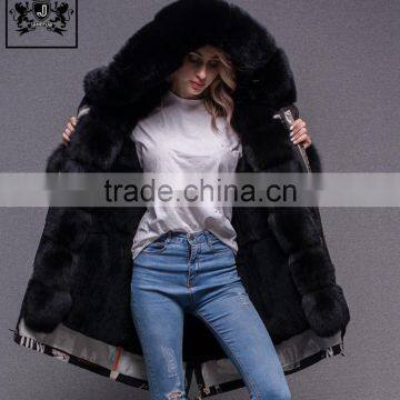 Winter Fur Fishtail Parka, Fox Fur Collar Coat, Printed Real Rabbit Fur Lined Parka Jacket Women