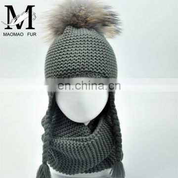 Kids Customized Design Wool Collar Raccoon Fur Pom Cashmere Knitted Hat and Scarf