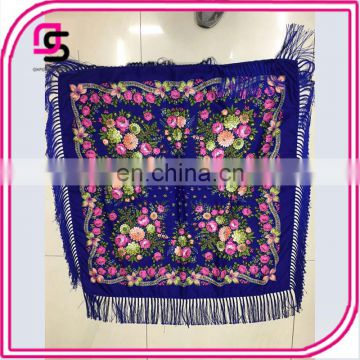 2017 newest women fashion printed blue flower square scarf shawl with tassels