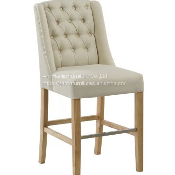 Linen Counter Chair in Solid Wood,with Buttons