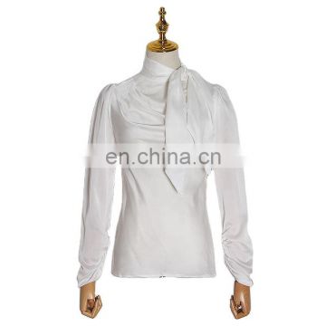 WOTWINSTYLE Vintage Satin Blouses Female Bow Collar Puff Long Sleeve Asymmetrical Casual Fashion