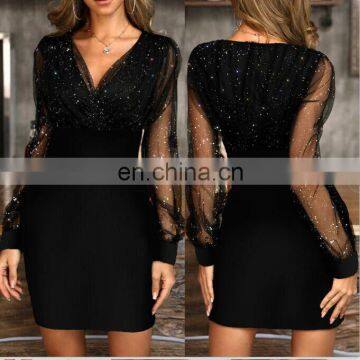 LAITE D2167 Amazon Hot Sales Fashion Christmas Women V-neck Bodycon Sequins Dresses Sexy Club Party Dresses photo-3