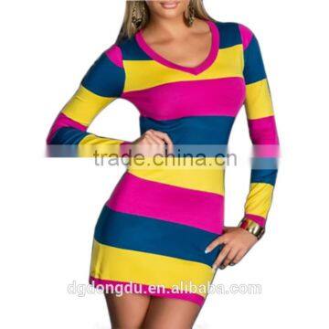 2015 Autumn New Sexy & Club Women Lady Striped Long Sleeve Clubwear Bodycon Sheath Dress Vestidos