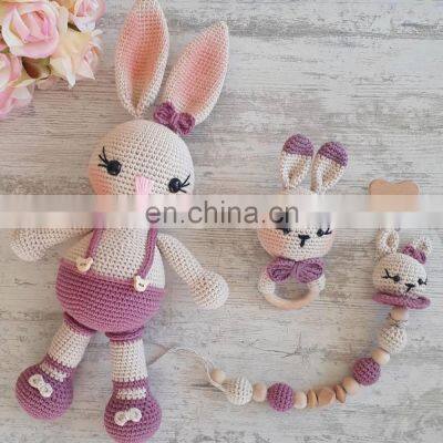 Handmade Crochet Bunny Rattle and Personalized Pacifier Holder Set Newborn Natural Organic Toys Vietnam Supplier Cheap Wholesale photo-4