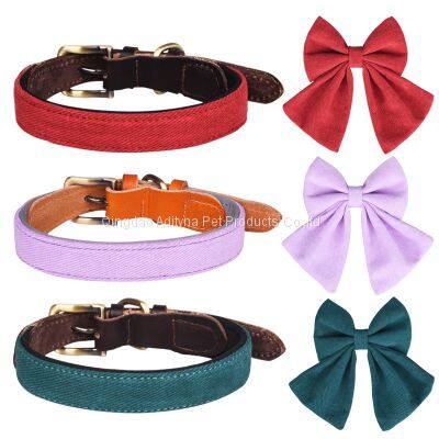 Factory Wholesale Fabric and Leather Dog Collars With Bowknot