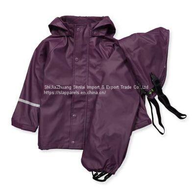 Custom Wholesale Outdoor Waterproof Jacket Bib Overall Yellow PU Raincoat Rain Suit for Kids & Toddler photo-3