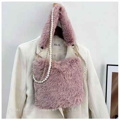 038Square bag Plush bag Cute one shoulder oblique straddle bag Fashion handbag Pearl chain