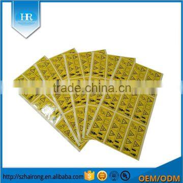 Yellow warning usage self adhesive sticker for machine