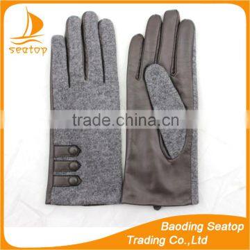 women 's back grey woolen and palm grey leather with button gloves