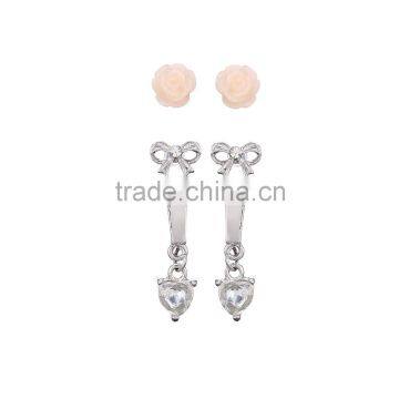 Silver Rhinstone Heart Drop Dangle Luckybow Stud Earring Plastic Resin Rose Flower Earring Set