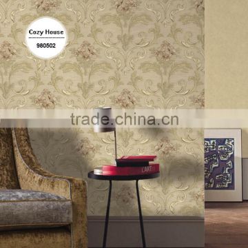 hot sale heavy embossed vinyl wallpaper, mocha funky flower wall paper for living room , attractive wall mural pattern