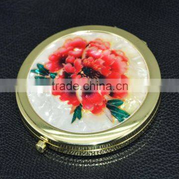 Gold plating metal cosmetic pocket mirror with Peony flower