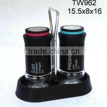 TW962 2pcs glass salt and pepper spice set with metal casing and plastic stand