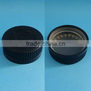 child resistant cap, black PP screw cap 34mm, ribbed closure cap