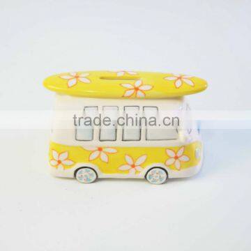 Cute Bus Custom Coin Bank with Flowers Patterns with Yellow or Blue Colors