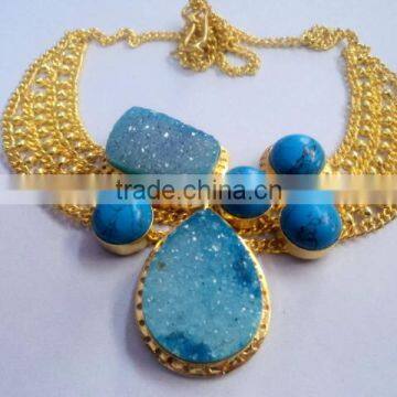 Natural Agate Gold Plated Druzy Gemstones Necklace