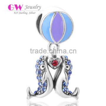S393 Globalwin Dolphins Playing Ball Design Enamel And Crystal Charm 925 Silver Dolphin Animal Charm