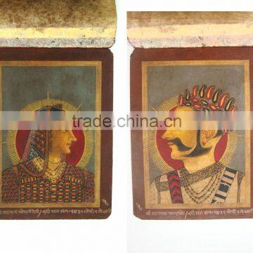 Antique Paper PAINTING Vintage Art Royal Rajput King Queen Handmade India Pair