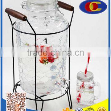 Glass Beverage Dispenser Water bottle with iron stand 8L clip lid