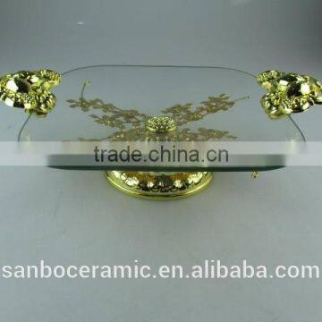 Hanging Crystals Cake Stand, Rectangle Golden Glass Cake Plate With Footed and Handle photo-2