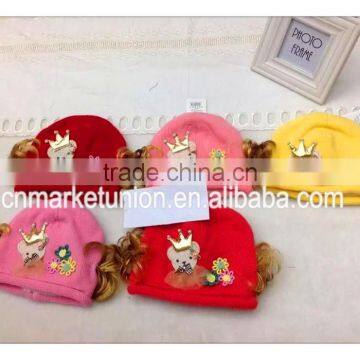 100% Acrylic Baby Girl Applique Hats With Hair ,any Color as Customer Request photo-3