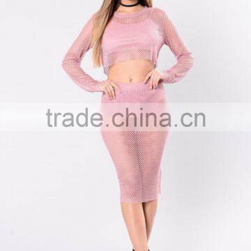 Custom Matching Clothes Long Sleeve Full Mesh Top And Pencil Skirts Suits Pictures of Long Skirts and Tops