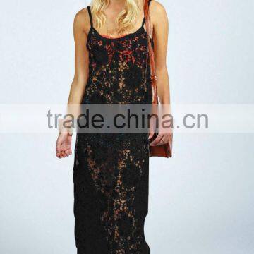 hot sale and sexy spaghetti straps back deep v hollow out lace long dress