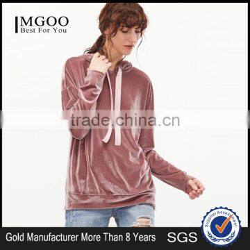 MGOO Oversized Women Pink Drop Shoulder Zip Slit Side Velvet Hoodie With Drawstrings Plain Pullover