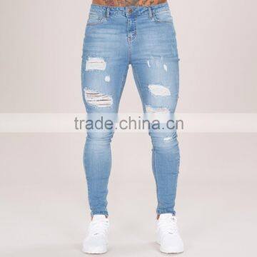 Hot Sale Jeans 2017 Mens Light Blue Skinny Distressed Denim Jeans photo-3