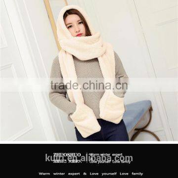 2016 Hot Fashion New Women Winter Warm Soft Plush Faux Fur Hooded Cap Hat Scarves Hood Pocket Gloves Scarf 4 Color photo-5