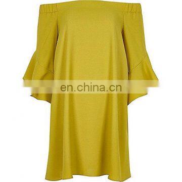 Green Bell Sleeve Swing Dress, Three Quarter Bell Sleeve Dress, Off Shoulder Fashion Dress