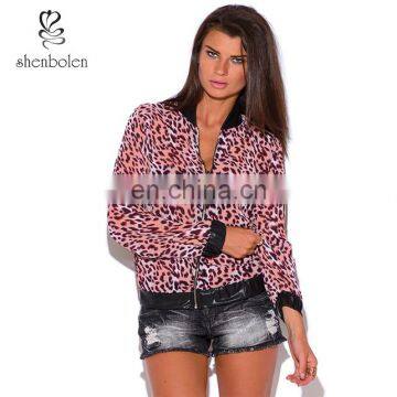 pink leopard animal print and faux leather long sleeve chiffon bomber jacket from Chinese clothing manufacturers